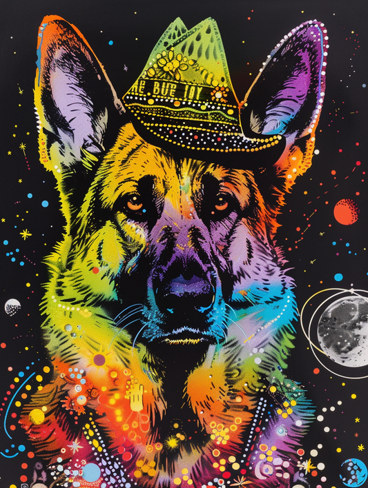 colorful space German Shepherd dog with a hat Expressive surreal Poster # F025535