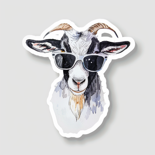 Goat wearing sunglasses Expressive surreal Vinyl Decal Sticker for Car, Laptop, Tumbler and more # F020460-4" x 4"