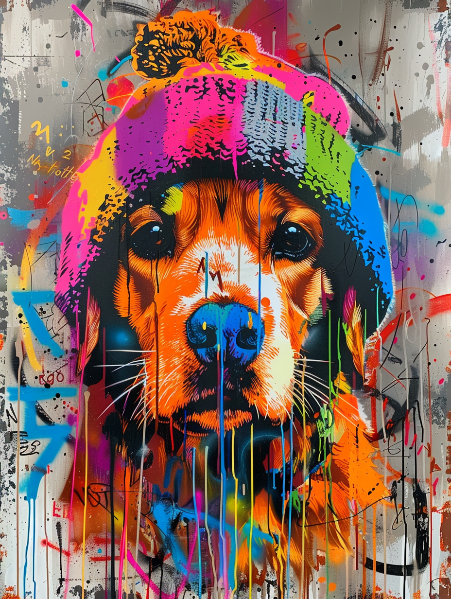 Colorful space Golden Retriever dog with a hat Expressive surreal Poster # F024516