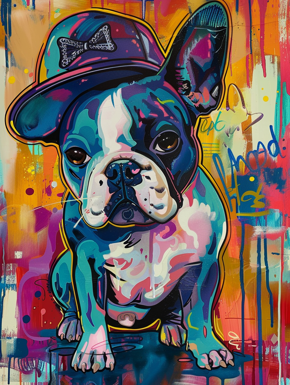 Colorful space Boston Terrier dog with a hat Expressive surreal Poster # F024605