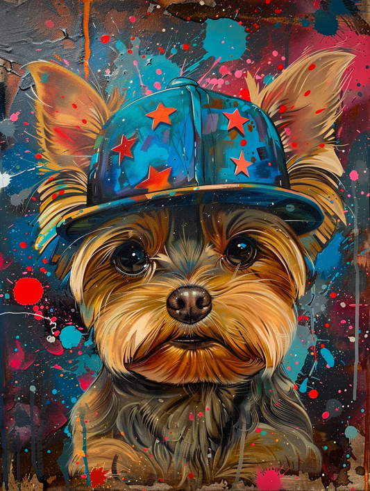 Colorful space Yorkshire Terrier dog with a hat Expressive surreal Poster # F025618