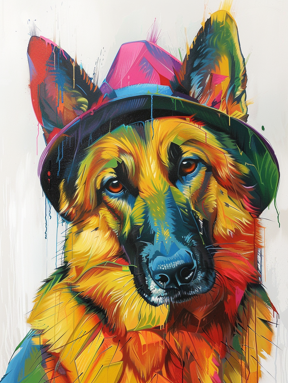 colorful space German Shepherd dog with a hat Expressive surreal Poster # F025544