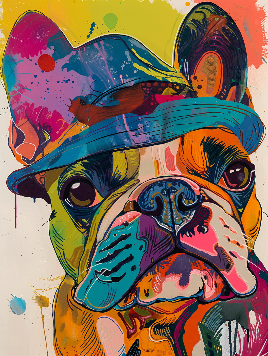 Colorful space Bulldog dog with a hat Expressive surreal Poster # F025414
