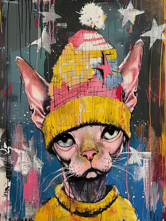 Colorful space Sphynx cat with a hat Expressive surreal Poster # F025307
