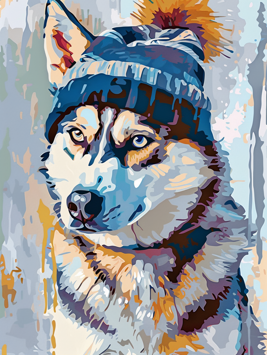 Colorful space Siberian Husky dog with a hat Expressive surreal Poster # F025133