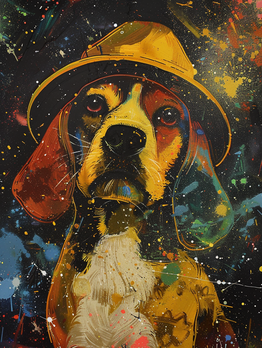 Colorful space Beagle dog with a hat Expressive surreal Poster # F024893