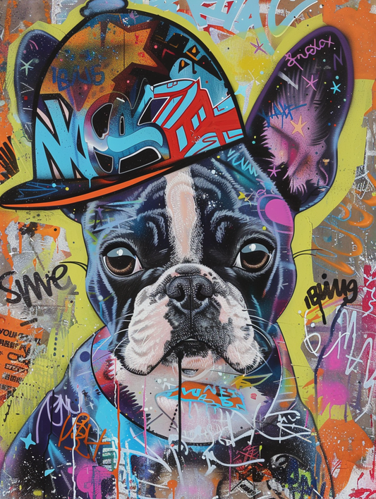 colorful space Boston Terrier dog with a hat Expressive surreal Poster # F025491