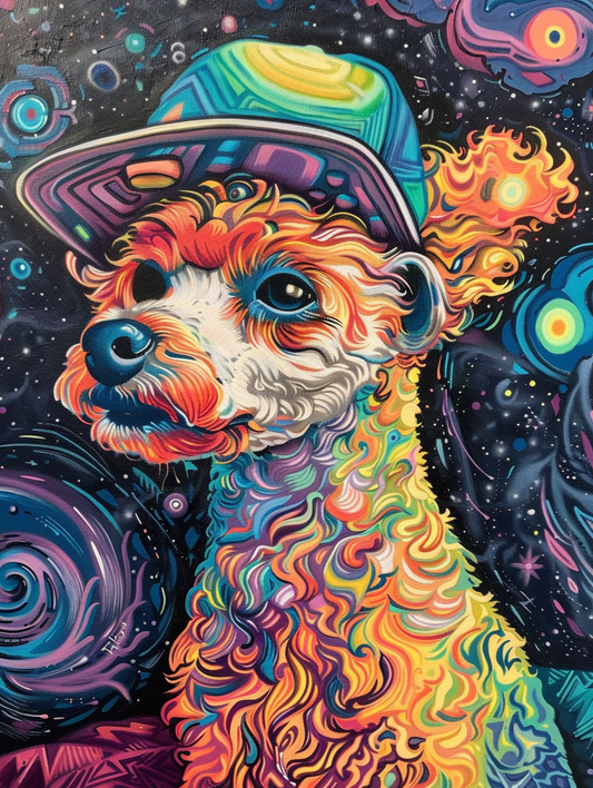 Colorful space Poodle dog with a hat Expressive surreal Poster # F025061