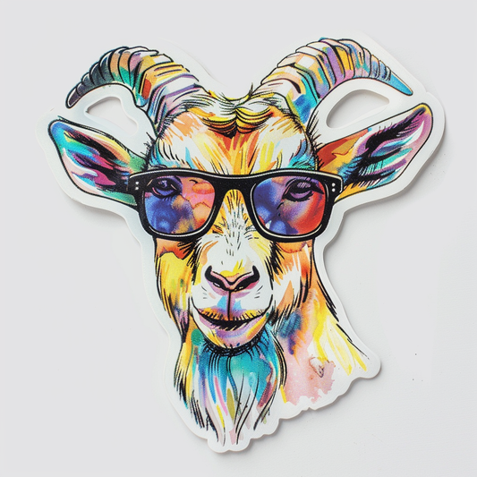 Goat wearing sunglasses Expressive surreal Vinyl Decal Sticker for Car, Laptop, Tumbler and more # F020430-4" x 4"