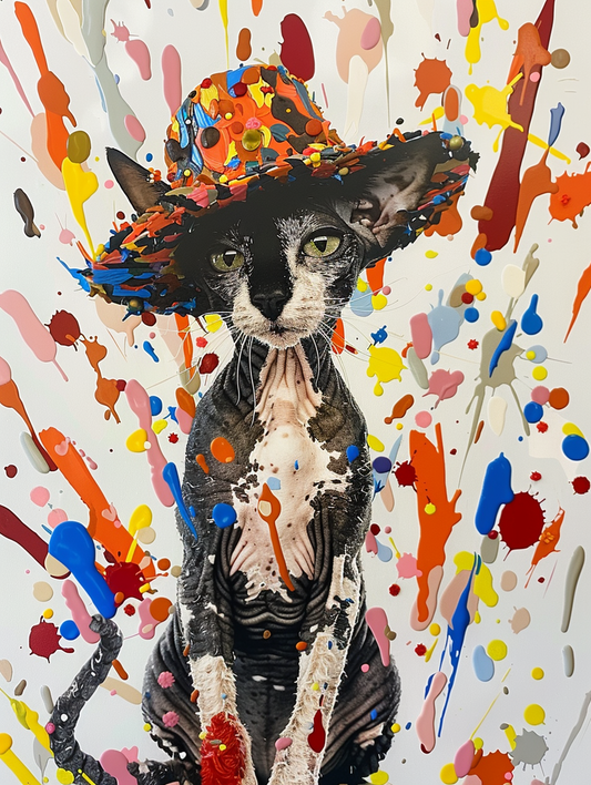 Colorful space Cornish Rex cat with a hat Expressive surreal Poster # F024719
