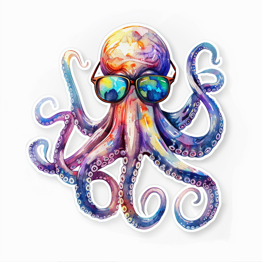 Sticker of a Octopus wearing sunglasses majestic Expressive surreal Vinyl Decal Sticker for Car, Laptop, Tumbler and more # F015404
