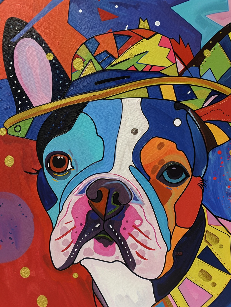 colorful space Boston Terrier dog with a hat Expressive surreal Poster # F025485