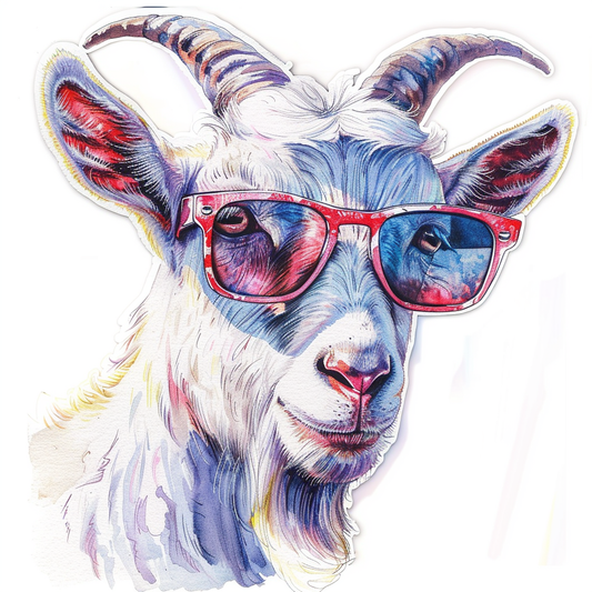 Goat wearing sunglasses Expressive surreal Vinyl Decal Sticker for Car, Laptop, Tumbler and more # F020401-4" x 4"