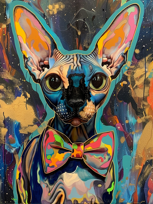 Colorful space Sphynx cat with a bow tie Expressive surreal Poster # F024374