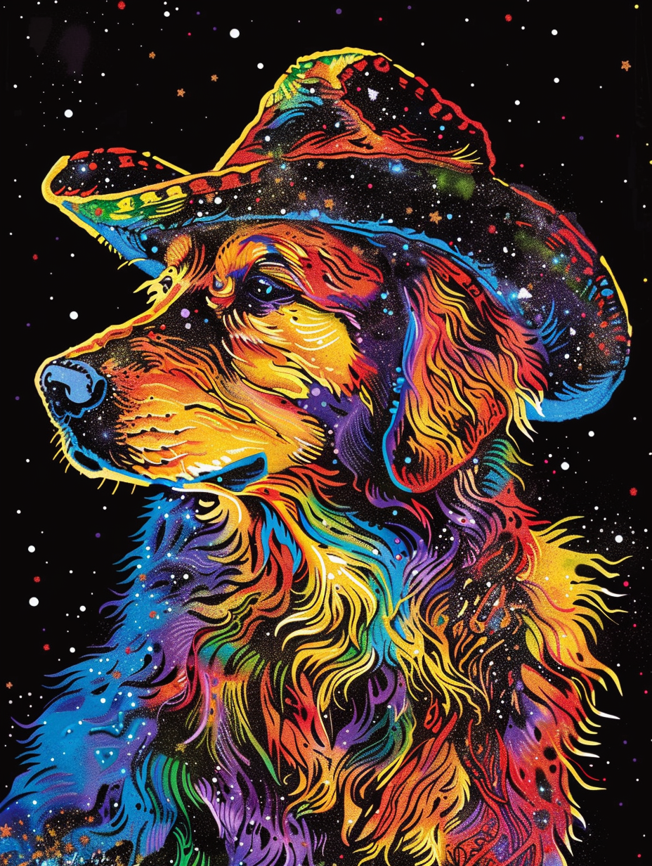 colorful space Golden Retriever dog with a hat Expressive surreal Poster # F025184