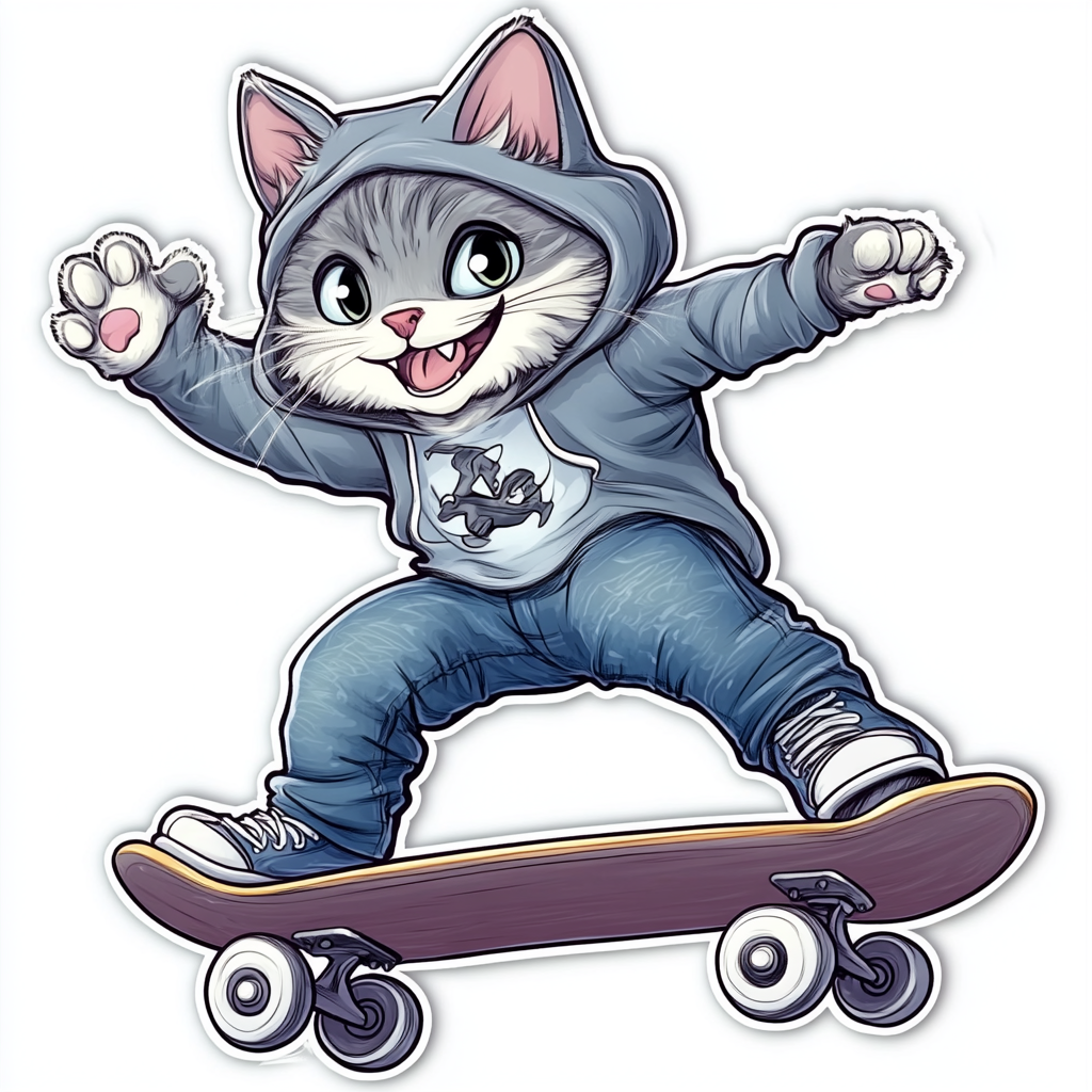 Cat wearing jeans and a hoodie skateboard Vinyl Decal Sticker for Car, Laptop, Tumbler and more # F025784