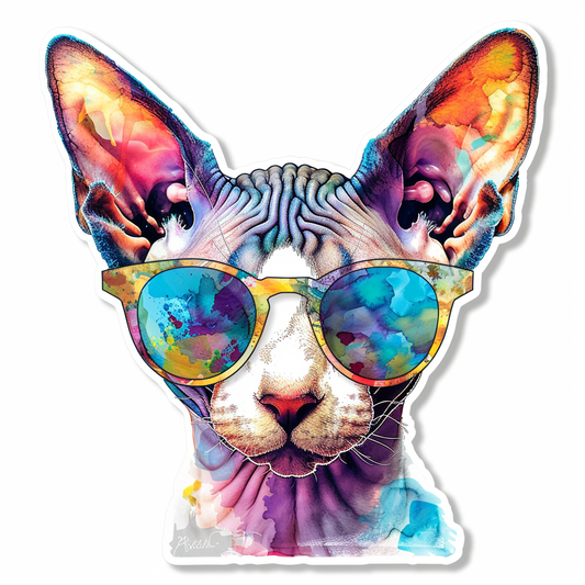 Cornish Rex Cat wearing sunglasses Expressive surreal Vinyl Decal Sticker for Car, Laptop, Tumbler and more # F020755-4" x 4"