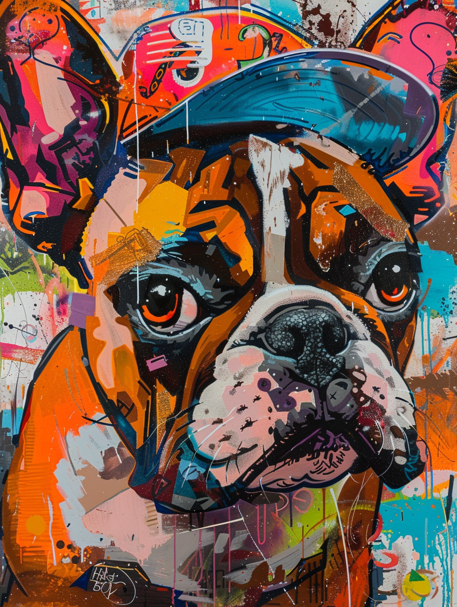 Colorful space Bulldog dog with a hat Expressive surreal Poster # F025646