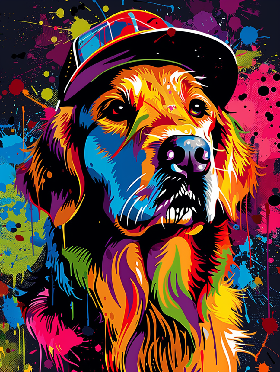 colorful space Golden Retriever dog with a hat Expressive surreal Poster # F025199
