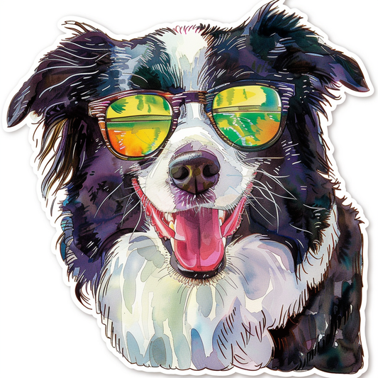 Border Collie Dog wearing sunglasses Expressive surreal Vinyl Decal Sticker for Car, Laptop, Tumbler and more # F021695-4" x 4"
