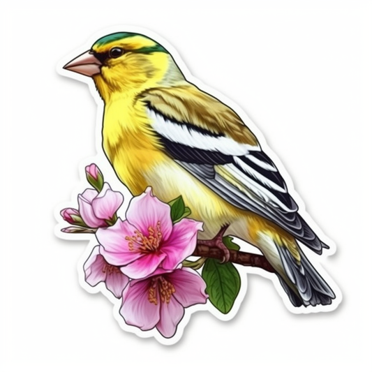 Washington American Goldfinch bird Coast Rhododendron flower  Vinyl Decal Sticker for Car, Laptop, Tumbler and more # 009951