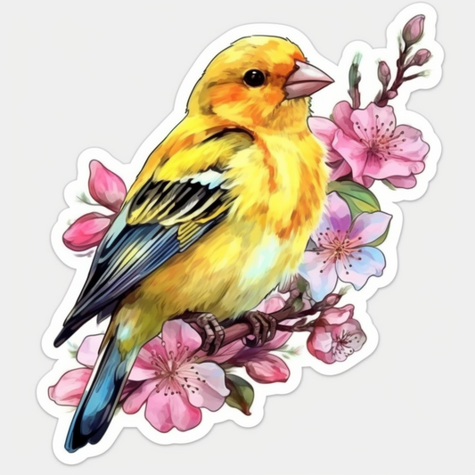 Washington American Goldfinch bird Coast Rhododendron flower  Vinyl Decal Sticker for Car, Laptop, Tumbler and more # 009911