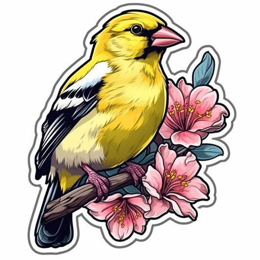 Washington American Goldfinch bird Coast Rhododendron flower  Vinyl Decal Sticker for Car, Laptop, Tumbler and more # 009923