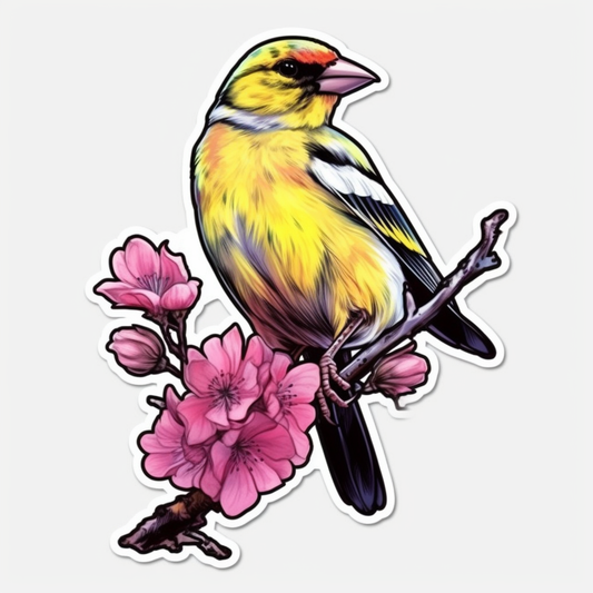 Washington American Goldfinch bird Coast Rhododendron flower  Vinyl Decal Sticker for Car, Laptop, Tumbler and more # 009855