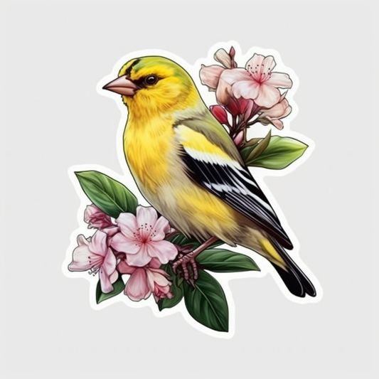 Washington American Goldfinch bird Coast Rhododendron flower  Vinyl Decal Sticker for Car, Laptop, Tumbler and more # 009885