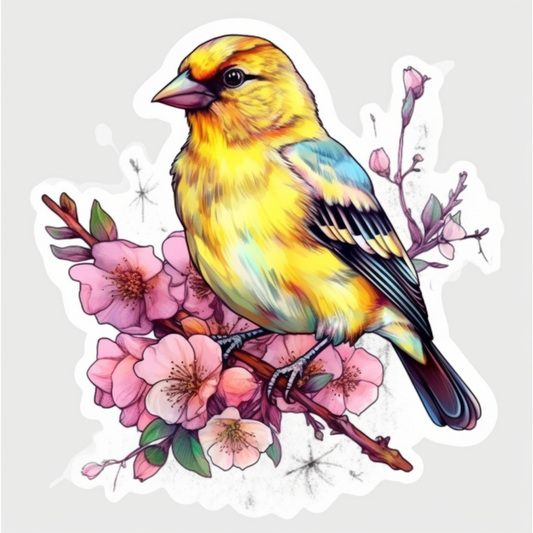 Washington American Goldfinch bird Coast Rhododendron flower  Vinyl Decal Sticker for Car, Laptop, Tumbler and more # 009904