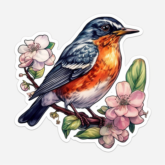 Michigan American Robin bird Apple Blossom flower  Vinyl Decal Sticker for Car, Laptop, Tumbler and more # 008794