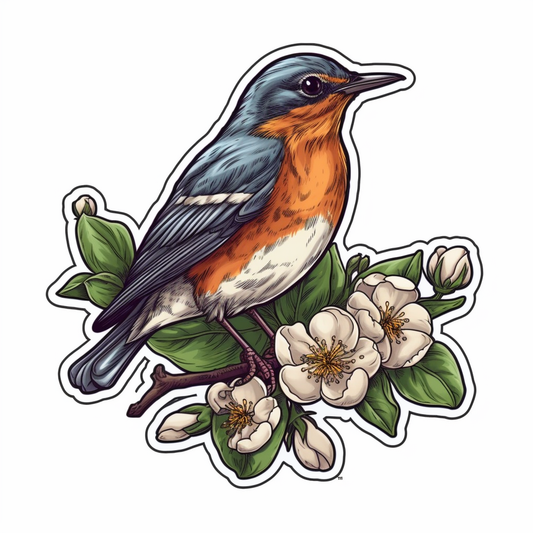 Michigan American Robin bird Apple Blossom flower  Vinyl Decal Sticker for Car, Laptop, Tumbler and more # 008681