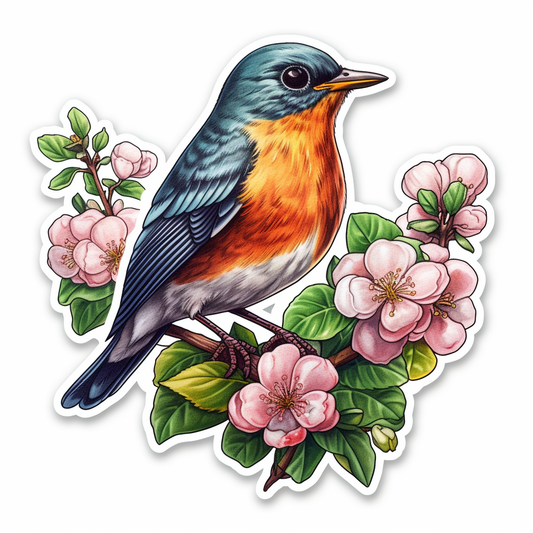 Michigan American Robin bird Apple Blossom flower  Vinyl Decal Sticker for Car, Laptop, Tumbler and more # 008757