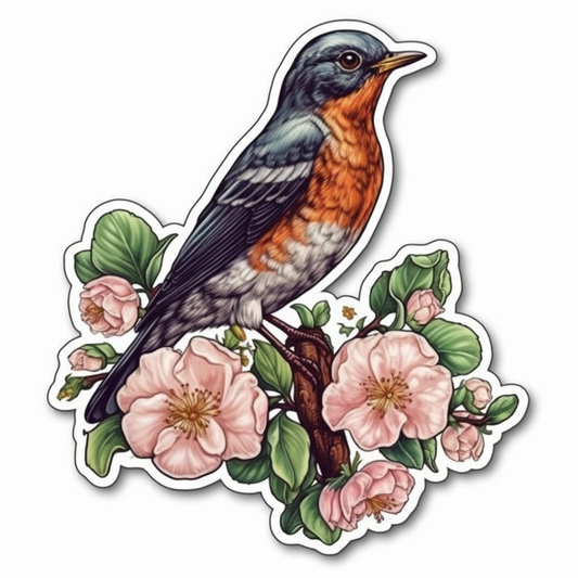 Michigan American Robin bird Apple Blossom flower  Vinyl Decal Sticker for Car, Laptop, Tumbler and more # 008750