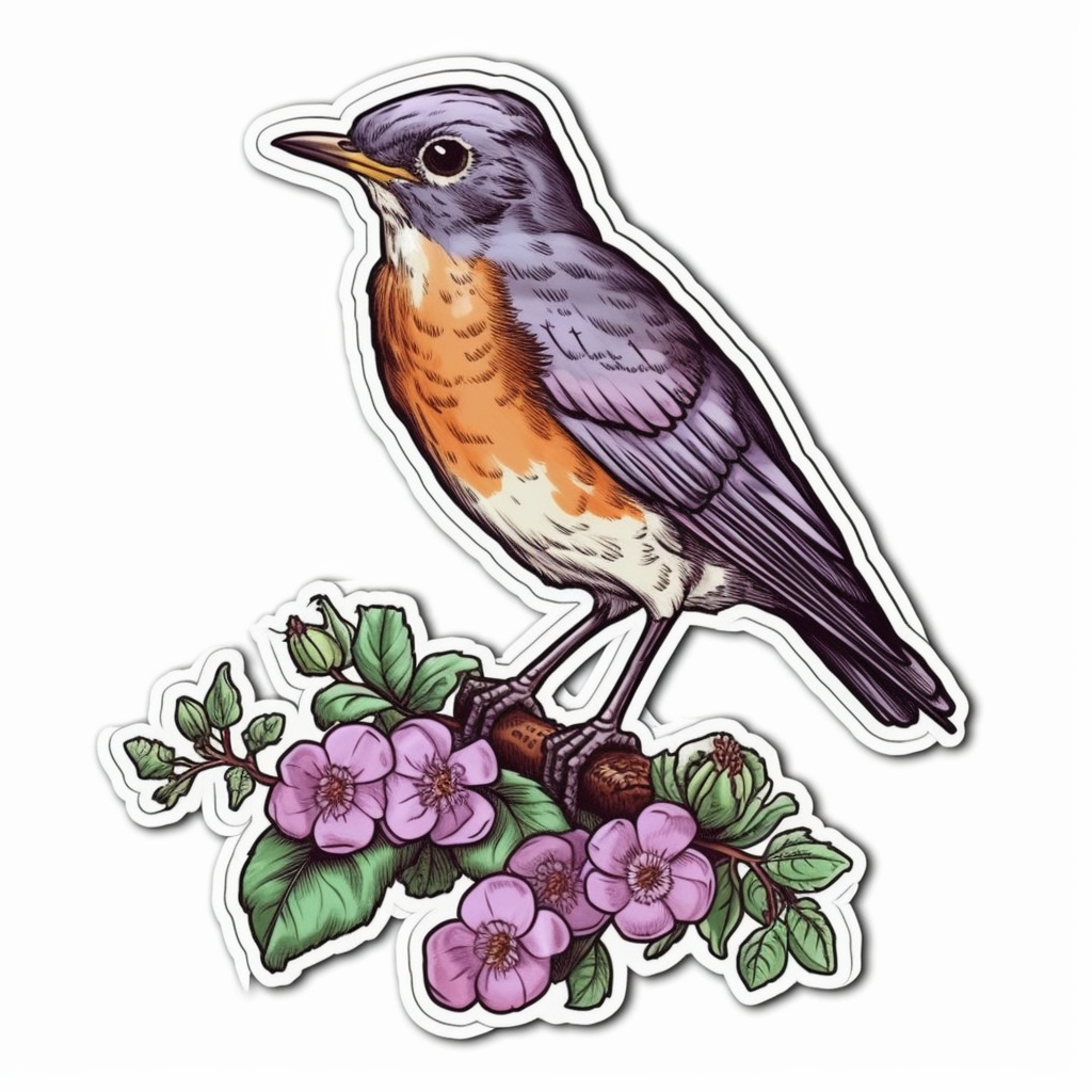 Wisconsin American Robin bird Wood Violet flower  Vinyl Decal Sticker for Car, Laptop, Tumbler and more # 0010032