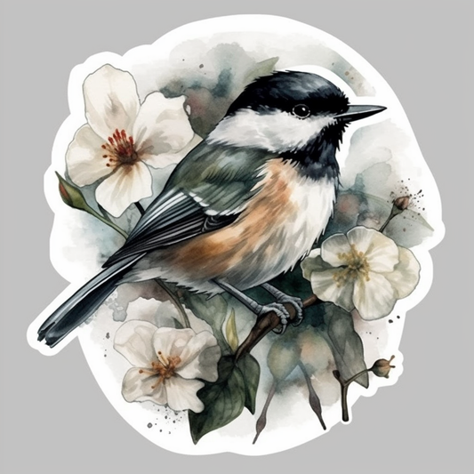 Massachusetts Black-capped Chickadee bird Mayflower flower  Vinyl Decal Sticker for Car, Laptop, Tumbler and more # 008734