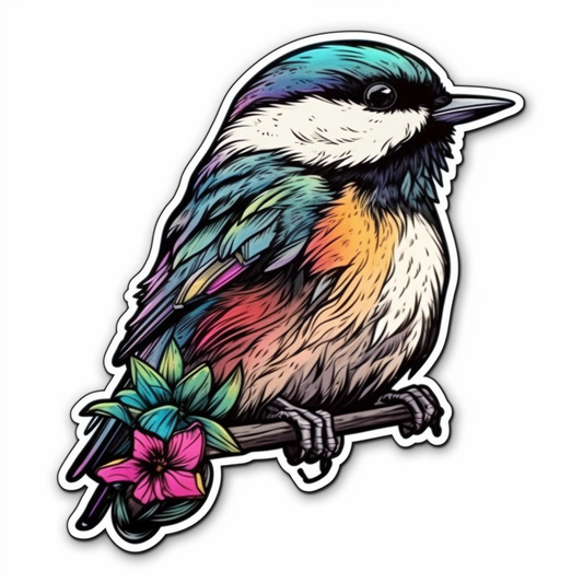 Massachusetts Black-capped Chickadee bird Mayflower flower  Vinyl Decal Sticker for Car, Laptop, Tumbler and more # 008762