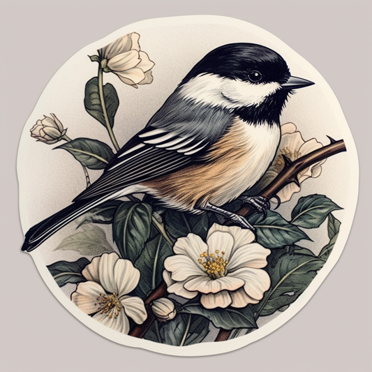 Massachusetts Black-capped Chickadee bird Mayflower flower  Vinyl Decal Sticker for Car, Laptop, Tumbler and more # 008767