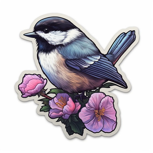 Massachusetts Black-capped Chickadee bird Mayflower flower  Vinyl Decal Sticker for Car, Laptop, Tumbler and more # 008756