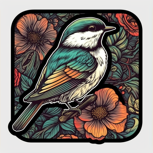 Massachusetts Black-capped Chickadee bird Mayflower flower  Vinyl Decal Sticker for Car, Laptop, Tumbler and more # 008807