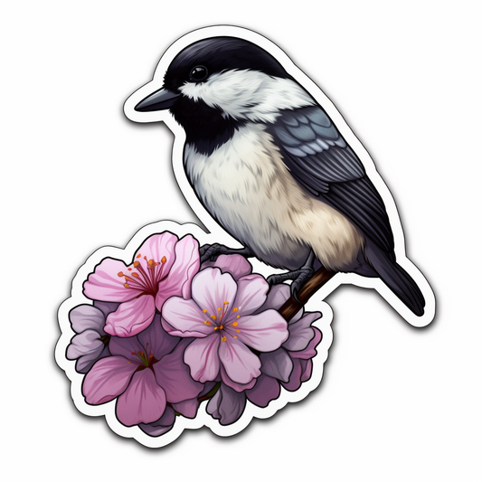 Massachusetts Black-capped Chickadee bird Mayflower flower  Vinyl Decal Sticker for Car, Laptop, Tumbler and more # 008778
