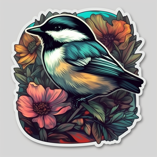 Massachusetts Black-capped Chickadee bird Mayflower flower  Vinyl Decal Sticker for Car, Laptop, Tumbler and more # 008743