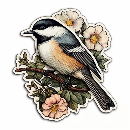 Massachusetts Black-capped Chickadee bird Mayflower flower  Vinyl Decal Sticker for Car, Laptop, Tumbler and more # 008727