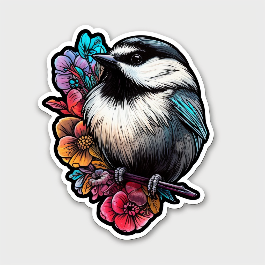 Massachusetts Black-capped Chickadee bird Mayflower flower  Vinyl Decal Sticker for Car, Laptop, Tumbler and more # 008704