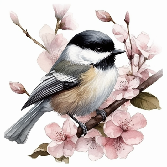 Massachusetts Black-capped Chickadee bird Mayflower flower  Vinyl Decal Sticker for Car, Laptop, Tumbler and more # 008722