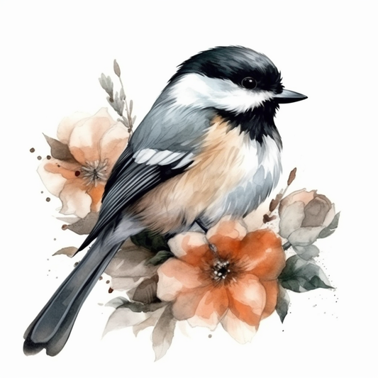 Massachusetts Black-capped Chickadee bird Mayflower flower  Vinyl Decal Sticker for Car, Laptop, Tumbler and more # 008699