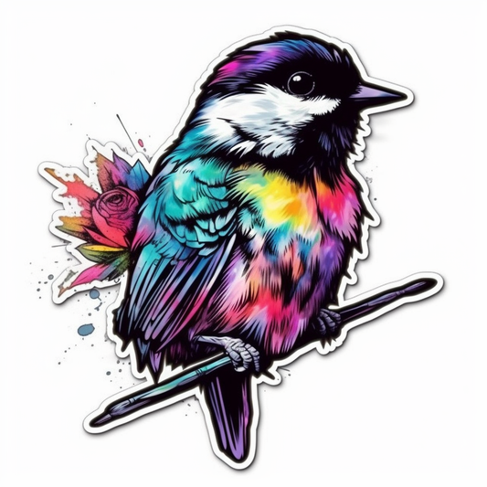 Massachusetts Black-capped Chickadee bird Mayflower flower  Vinyl Decal Sticker for Car, Laptop, Tumbler and more # 008707