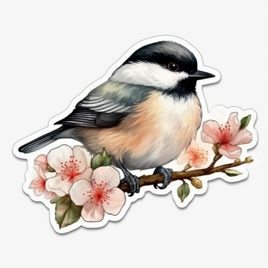 Massachusetts Black-capped Chickadee bird Mayflower flower  Vinyl Decal Sticker for Car, Laptop, Tumbler and more # 008678