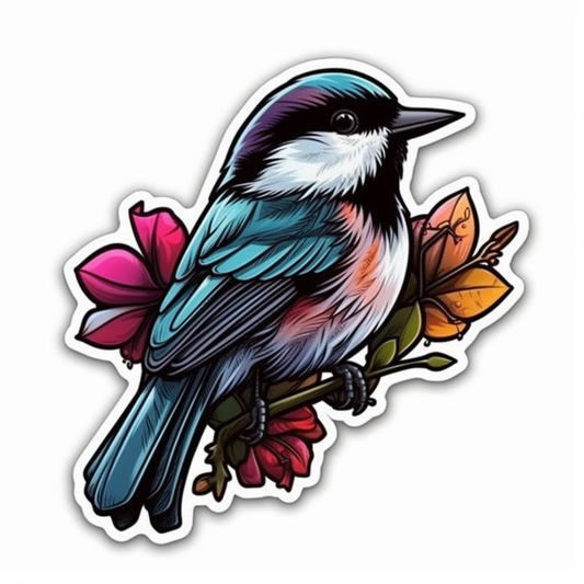 Massachusetts Black-capped Chickadee bird Mayflower flower  Vinyl Decal Sticker for Car, Laptop, Tumbler and more # 008759