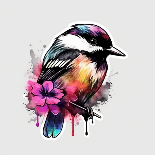 Massachusetts Black-capped Chickadee bird Mayflower flower  Vinyl Decal Sticker for Car, Laptop, Tumbler and more # 008674